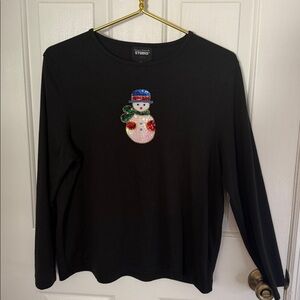 Studio Black Shirt with Festive Sequins & Beaded Snowman, Festive, Holiday